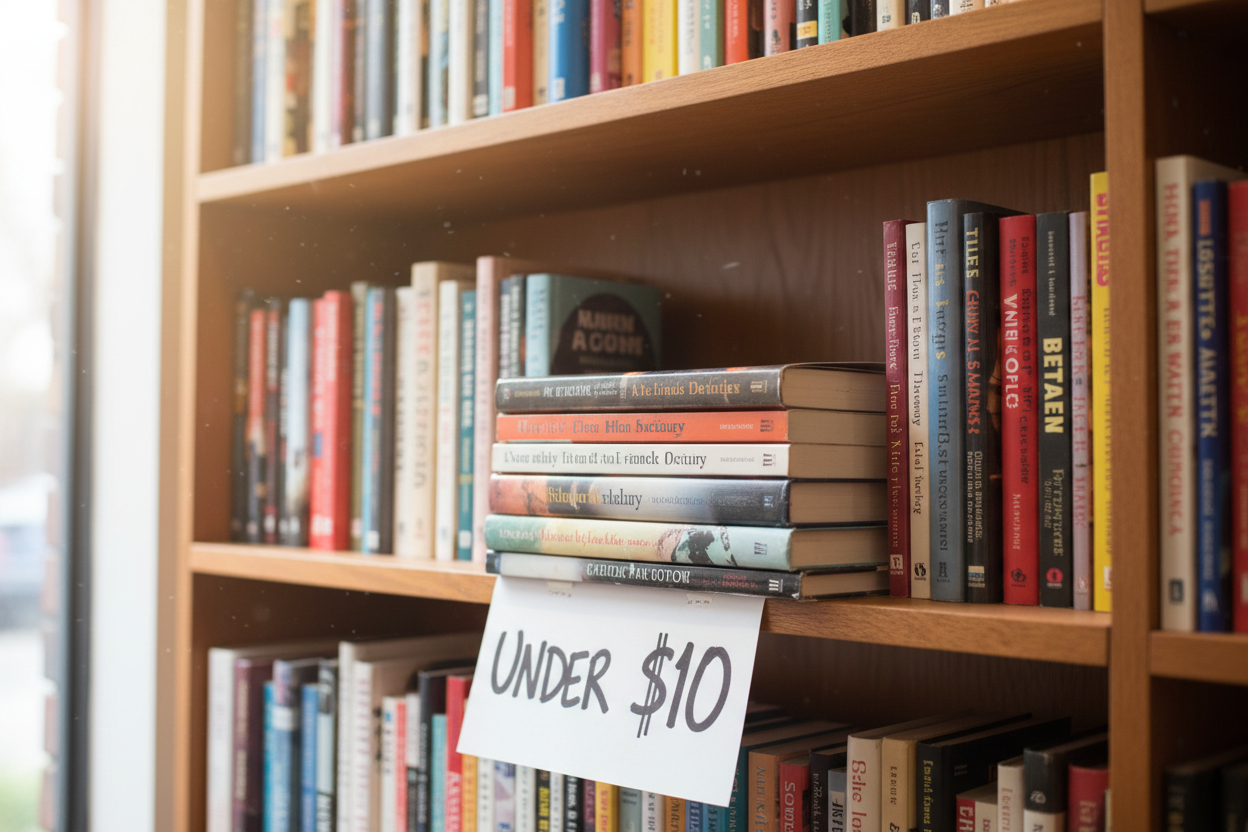 a stack of books on a bookshelf with a sign that says "under $10"