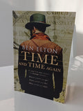 Book cover of 'Time and Time Again' by Ben Elton with a man in a hat and coat on a newspaper background.