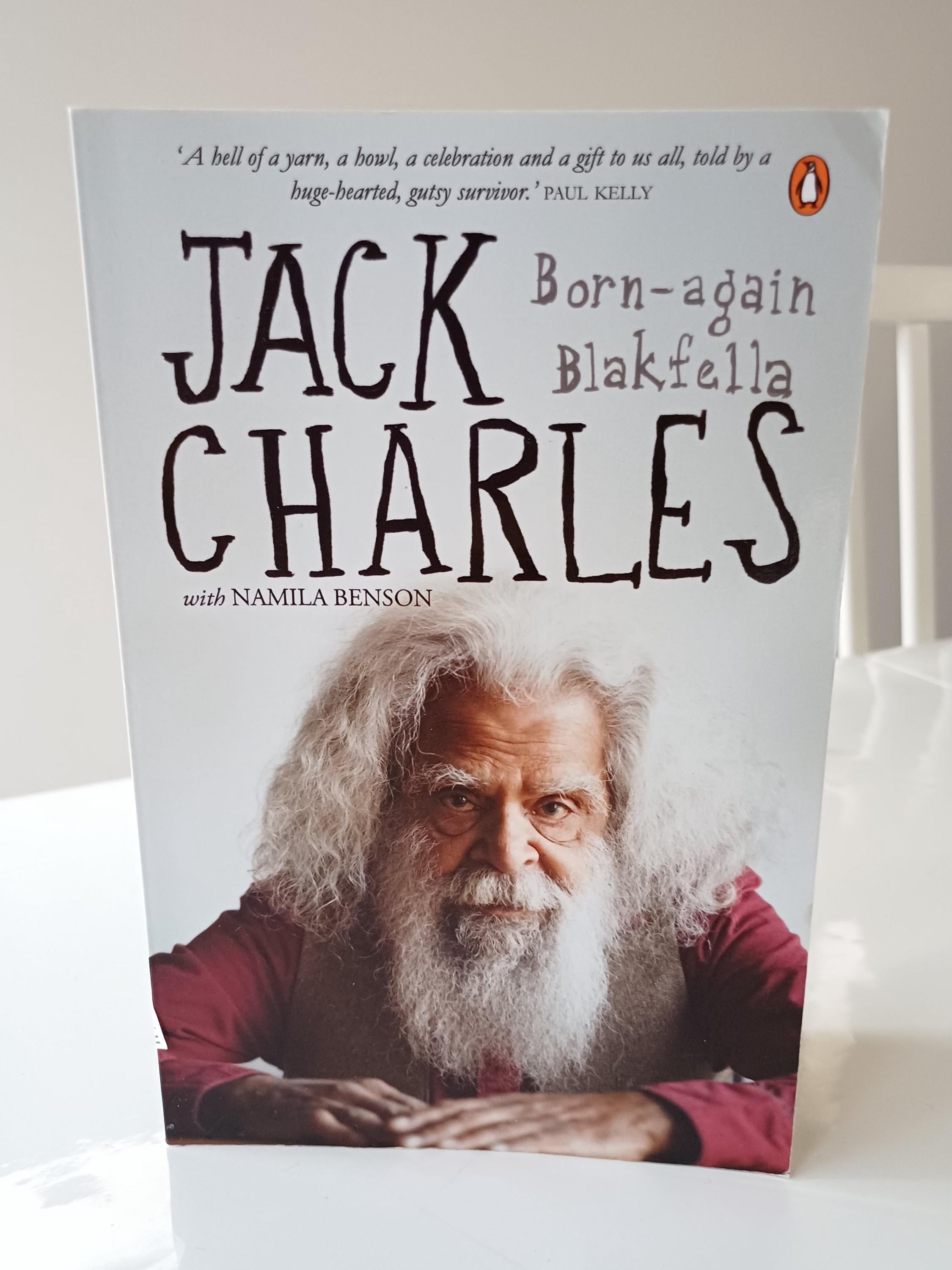 Book cover of 'Born-again Blakfella' by Jack Charles with a photo of the author on a white background.