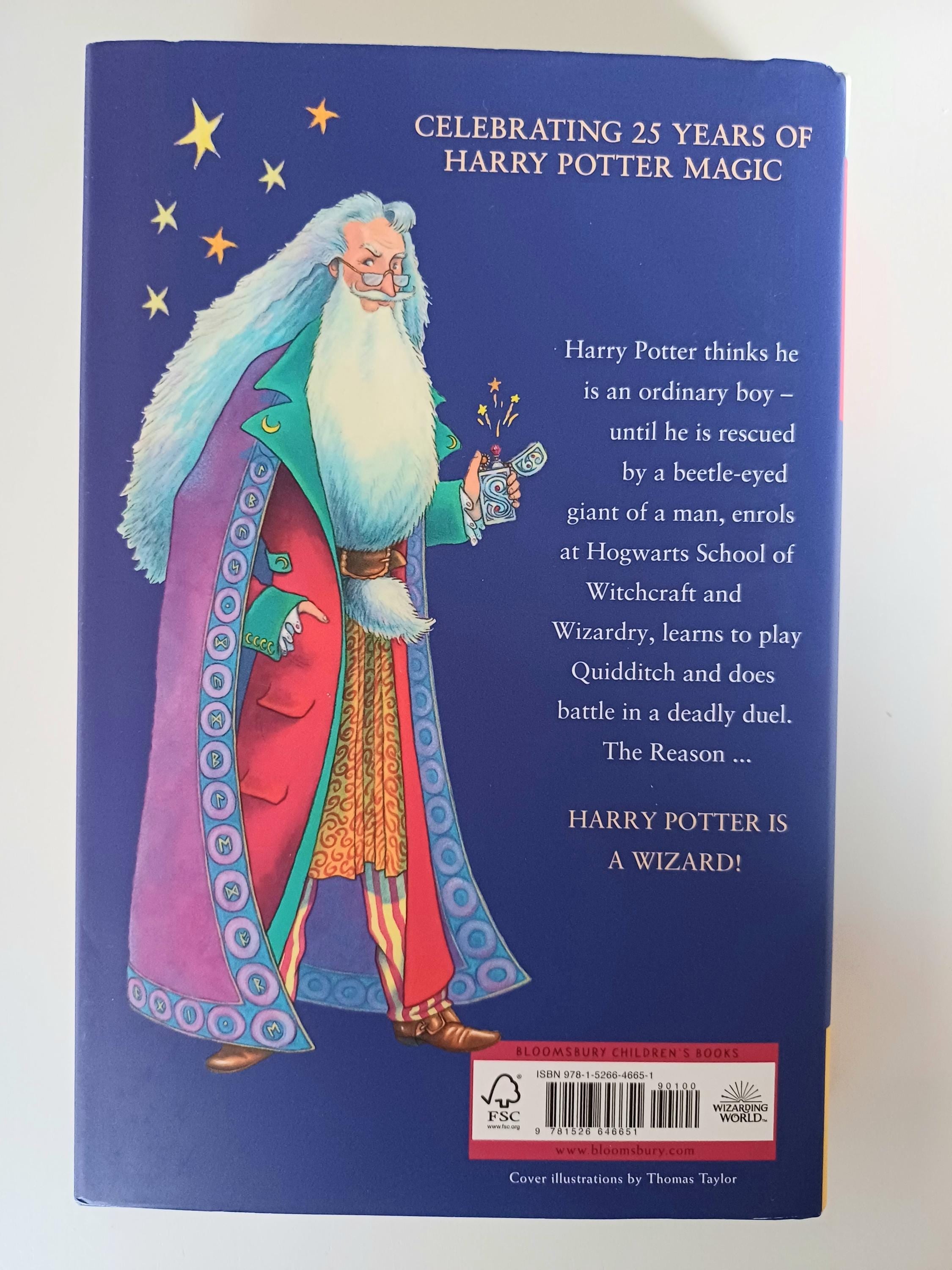 Book cover celebrating 25 years of Harry Potter magic with a wizard illustration on a blue background.